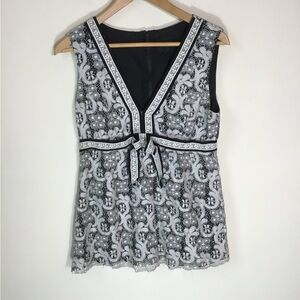 Anna Sui Black and White Lace V-Neck Tank with Tie Waist